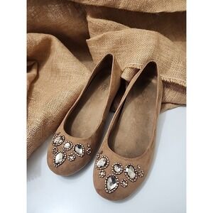VIONIC ORTHAHEEL 'CAMERON' SIZE 9 M Tan SUEDE LEATHER BEADED LOW WEDGE COMFORT